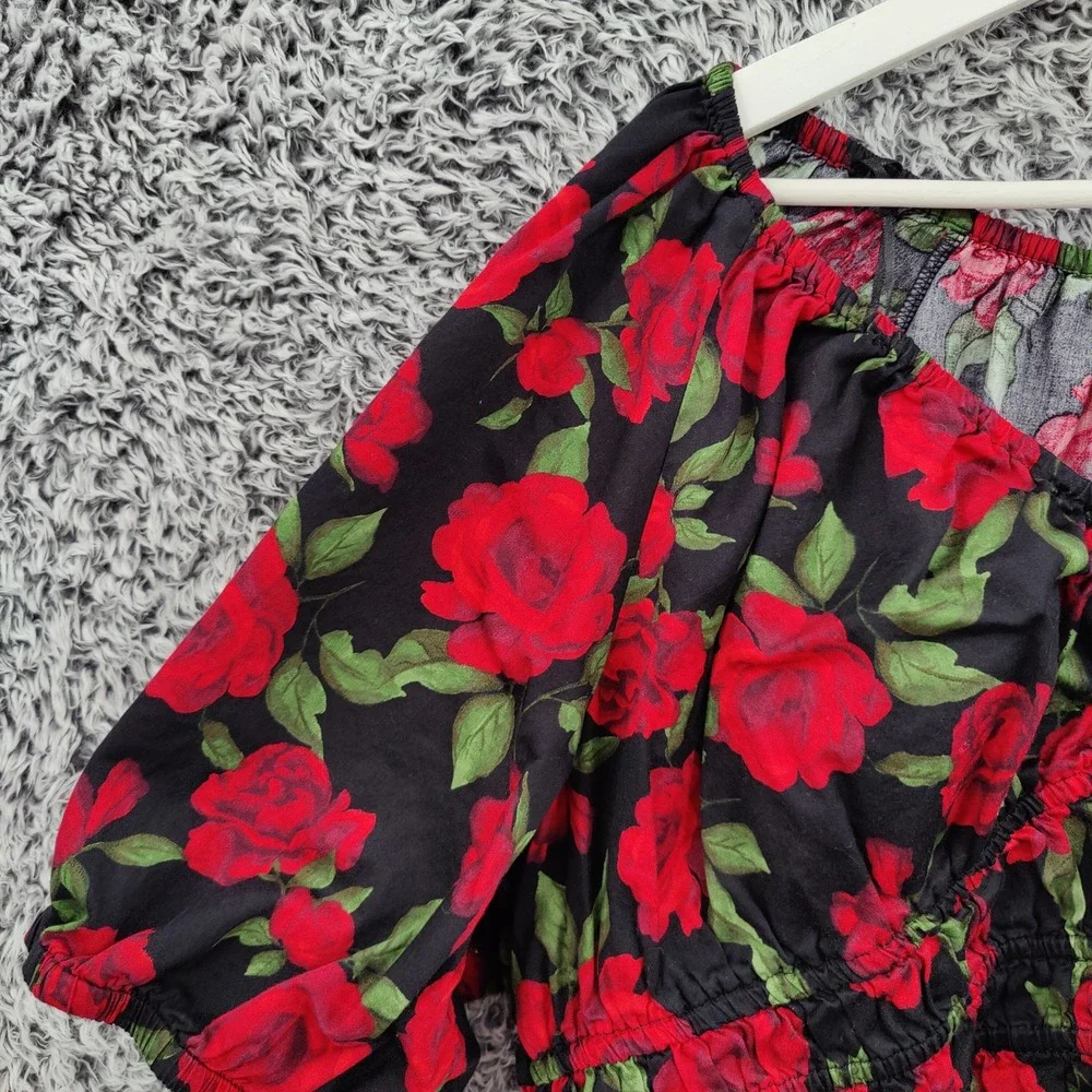 Old Navy Womens Cottage Romantic Rose Floral Peplum Top XL Black Red Puff Sleeve
